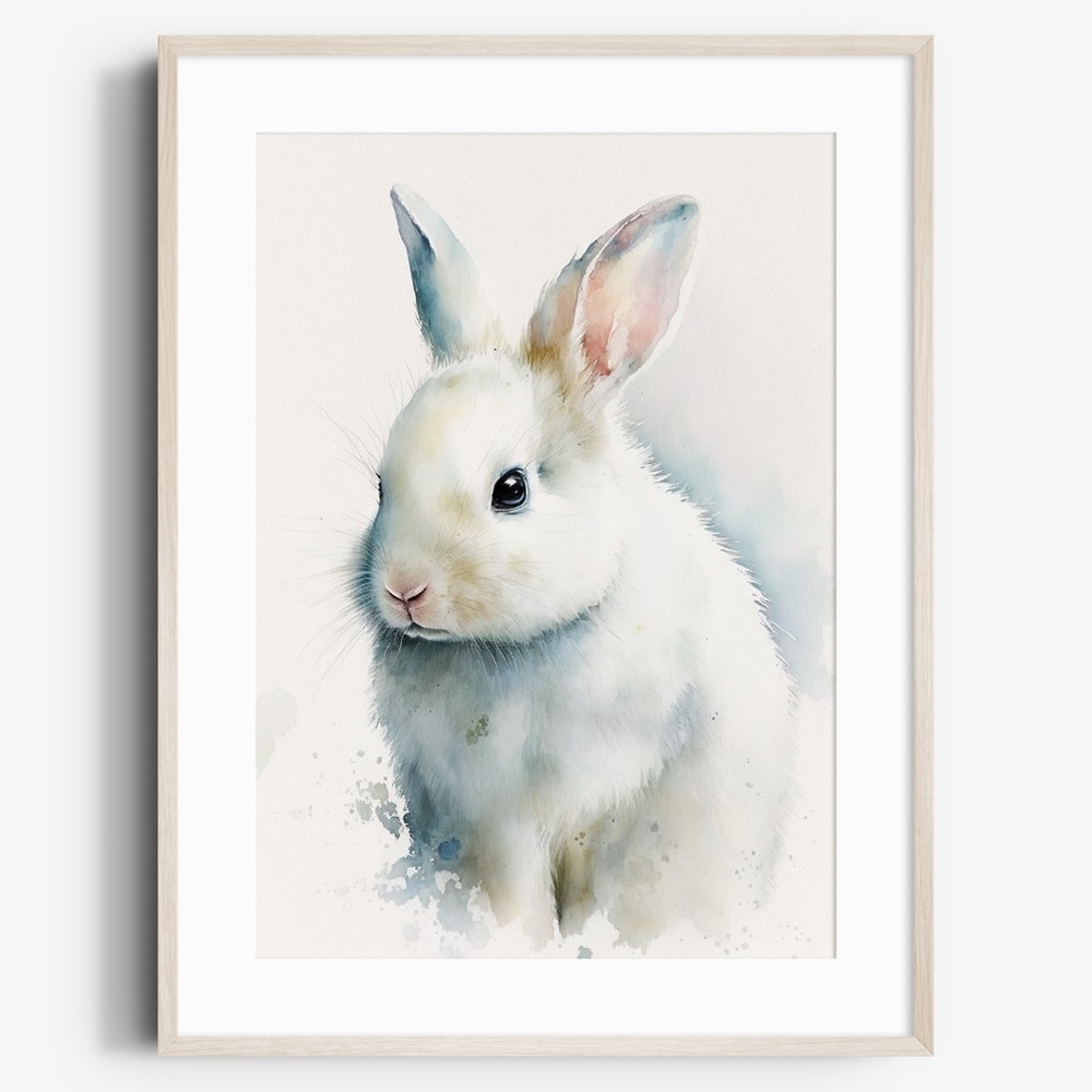 Cute Floral White Bunny Watercolor Wall Art Illustration Print Poster Unframed